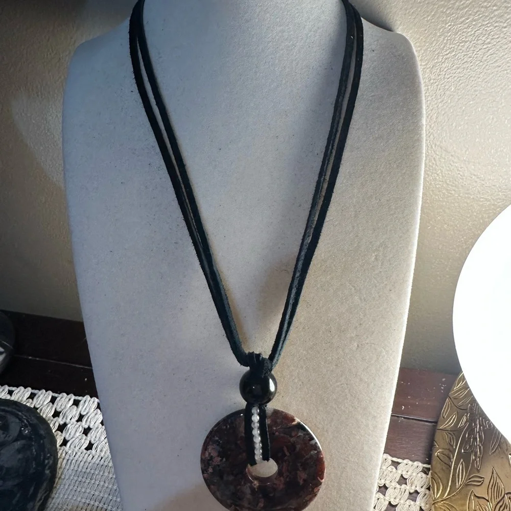 Mexican Crazy Lace Agate Donut Pendant on Genuine Leather